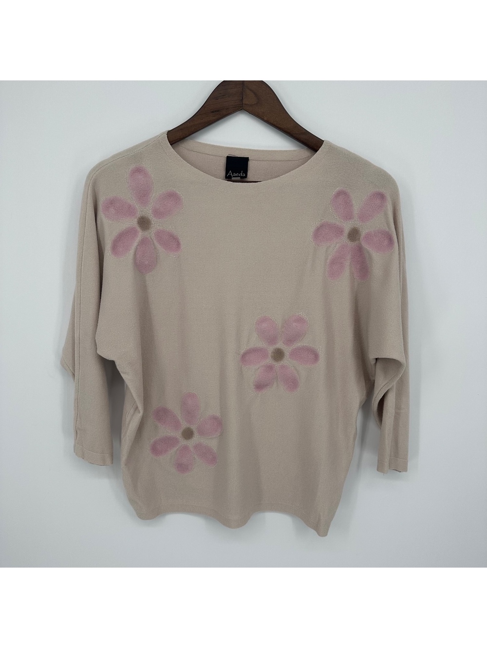 Aaeda Beige Pink Floral Knit Sweater Cottagecore